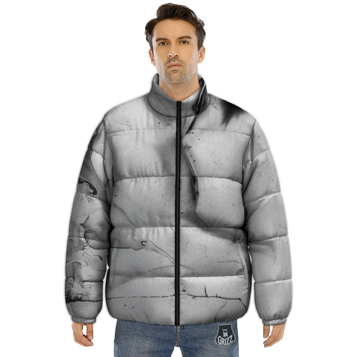 Marble White Smoke Print Puffer Jacket-grizzshop