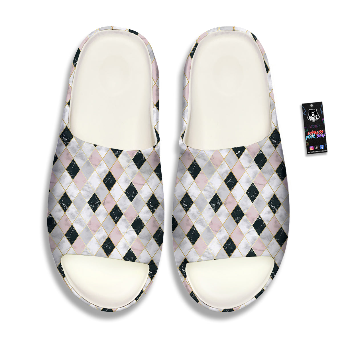 Marble Argyle White Pink And Black Print Sandals-grizzshop