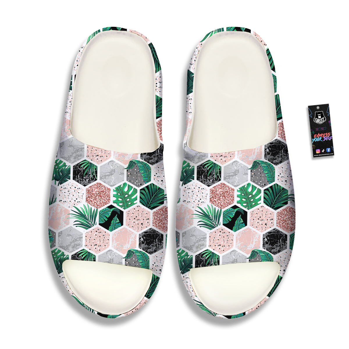 Marble Geometric And Tropical Leaves Print Sandals-grizzshop