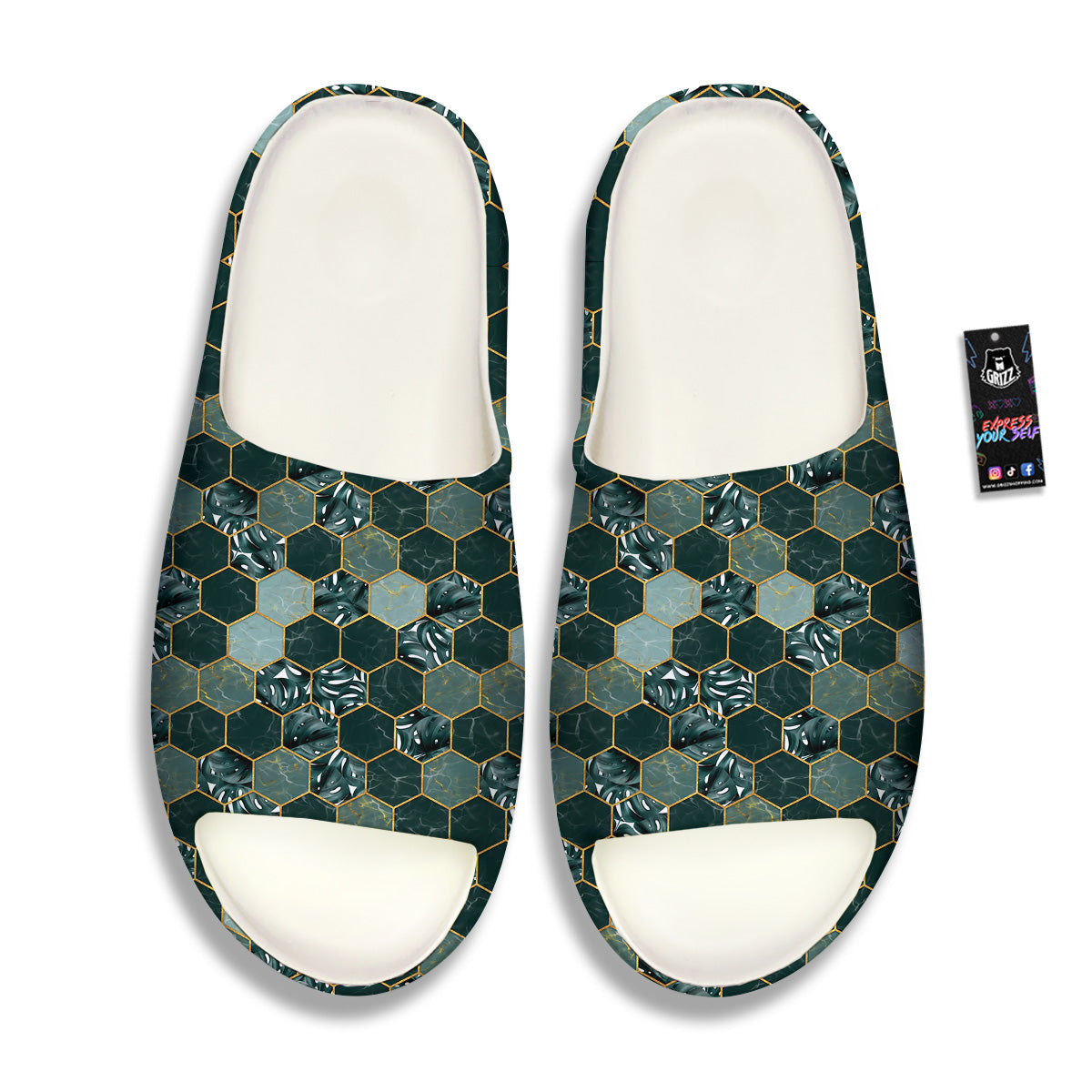 Marble Hexagon Green Tropical Print Pattern Sandals-grizzshop