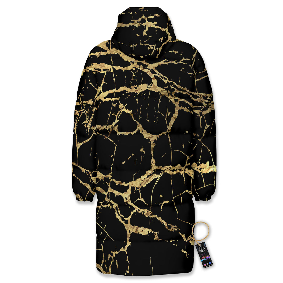 Marble Scratch Black Gold Print Marble Long Down Jacket
