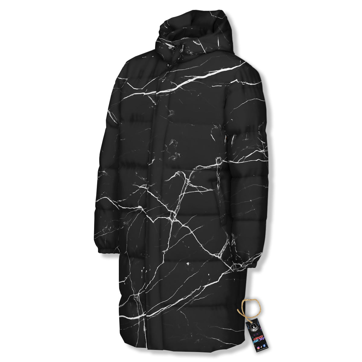 Marble Scratch Black White Print Long Down Jacket