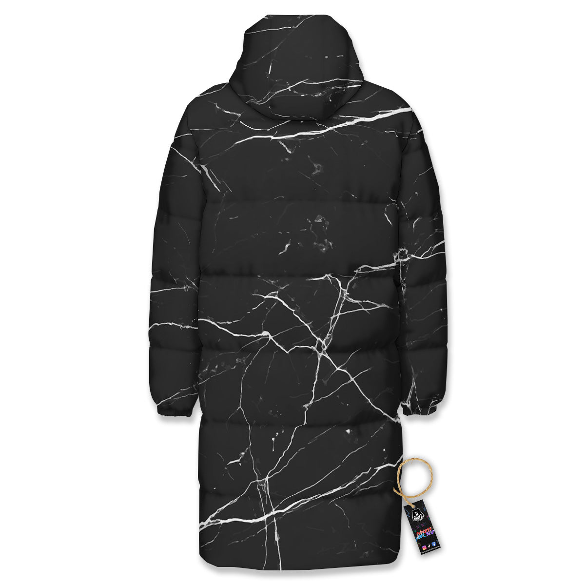 Marble Scratch Black White Print Long Down Jacket