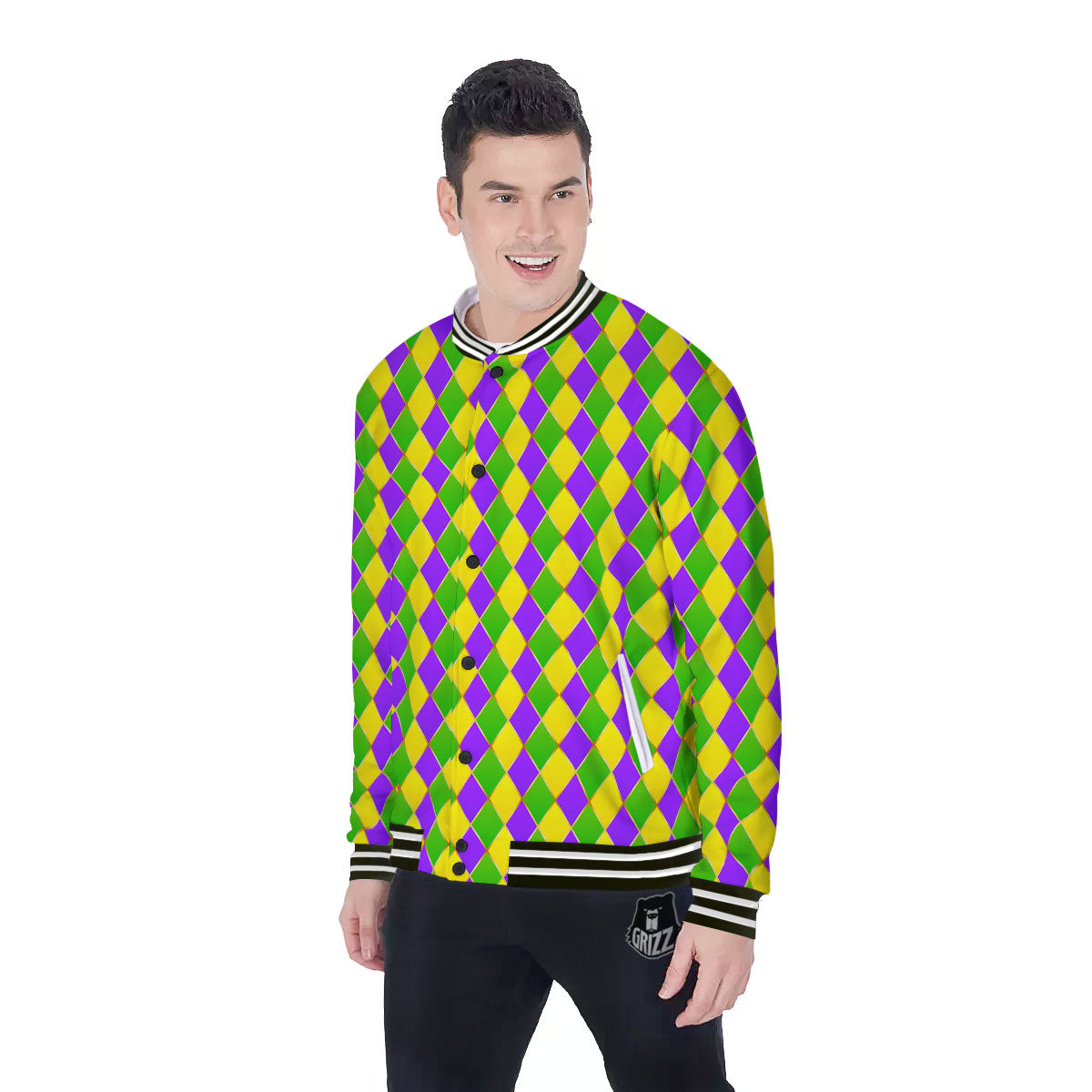 Mardi Gras Purple Green And Yellow Print Pattern Baseball Jacket-grizzshop