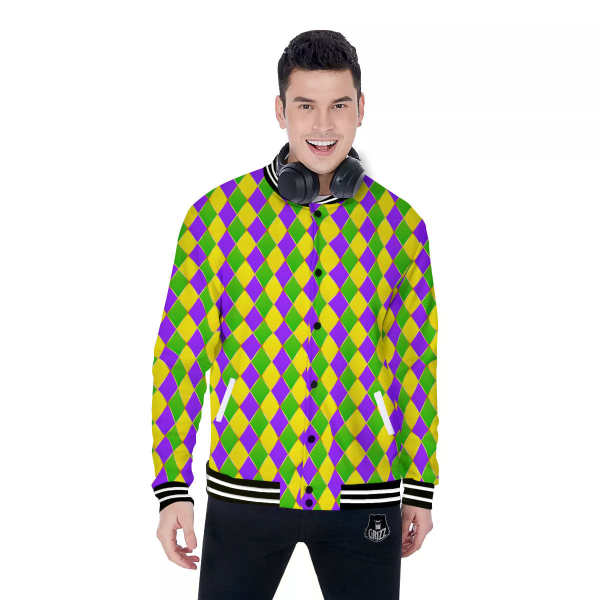 Mardi Gras Purple Green And Yellow Print Pattern Baseball Jacket-grizzshop