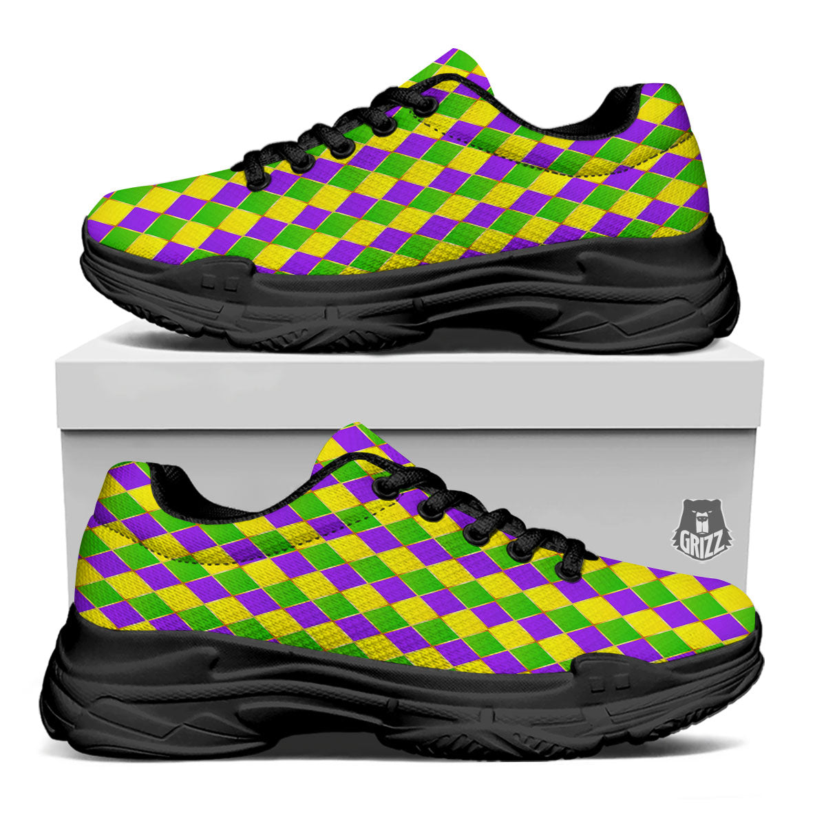 Mardi Gras Purple Green And Yellow Print Pattern Black Chunky Shoes-grizzshop