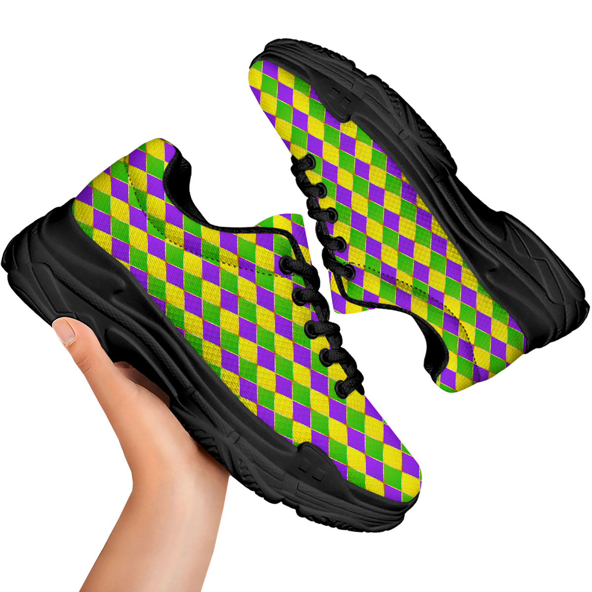 Mardi Gras Purple Green And Yellow Print Pattern Black Chunky Shoes-grizzshop