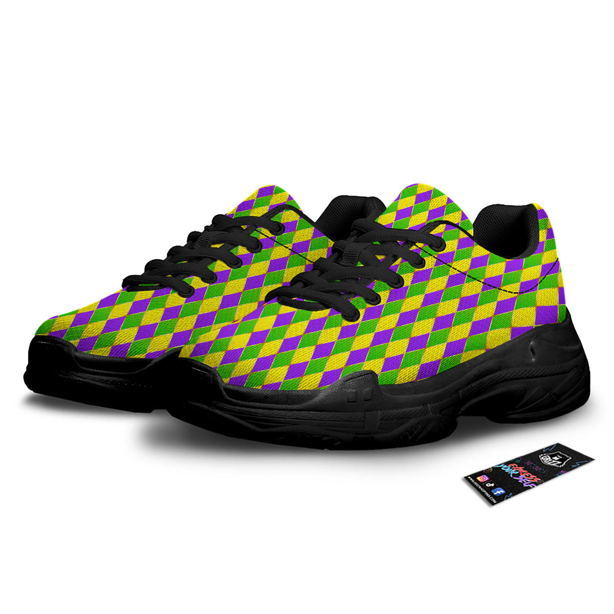 Mardi Gras Purple Green And Yellow Print Pattern Black Chunky Shoes-grizzshop