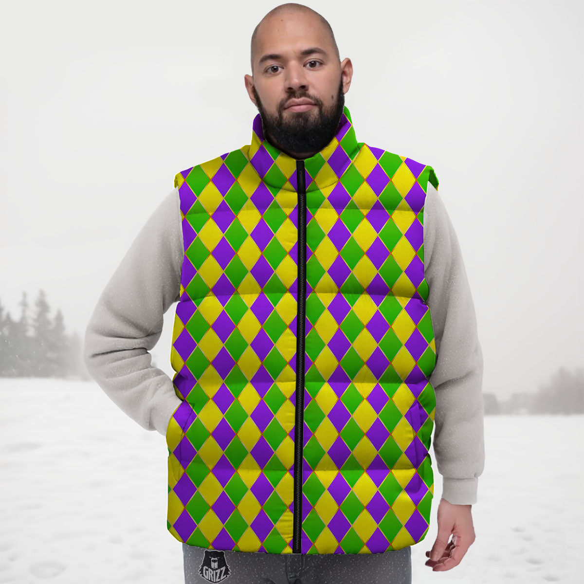 Mardi Gras Purple Green And Yellow Print Pattern Down Vest
