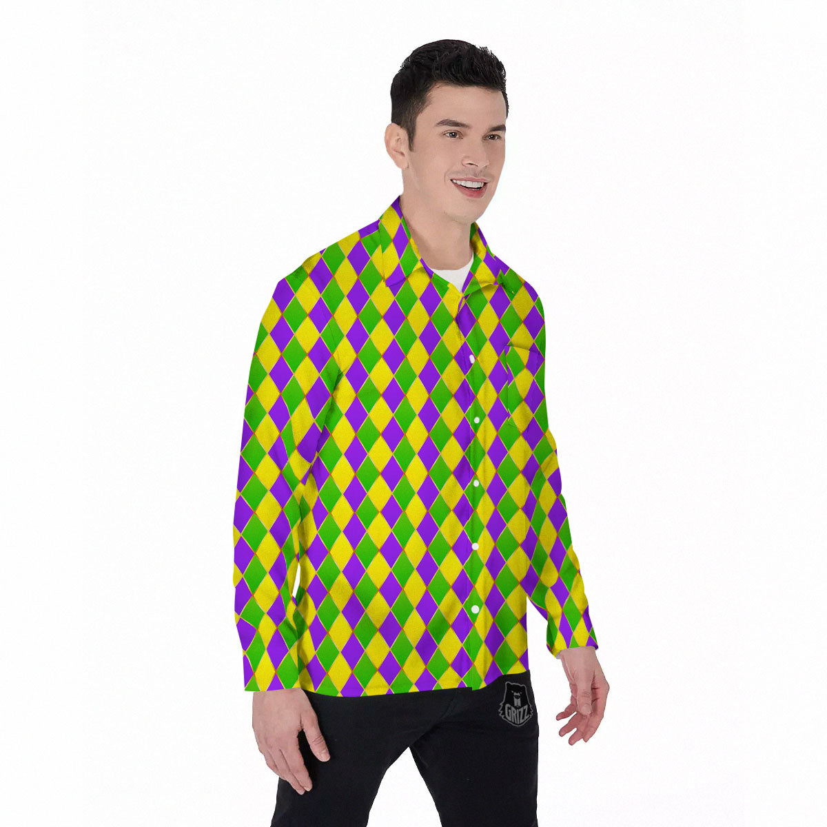 Mardi Gras Purple Green And Yellow Print Pattern Men's Long Sleeve Shirts-grizzshop
