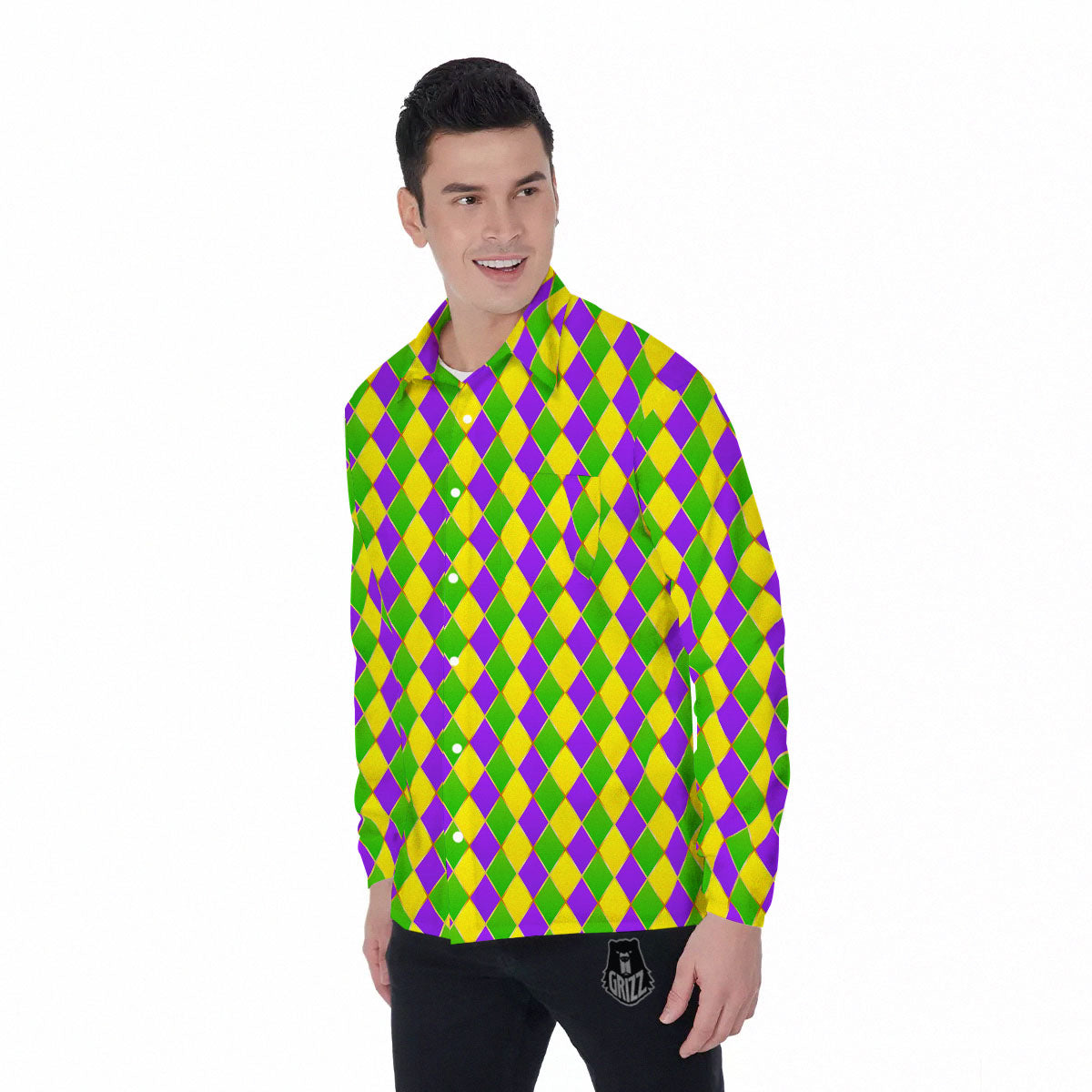 Mardi Gras Purple Green And Yellow Print Pattern Men's Long Sleeve Shirts-grizzshop