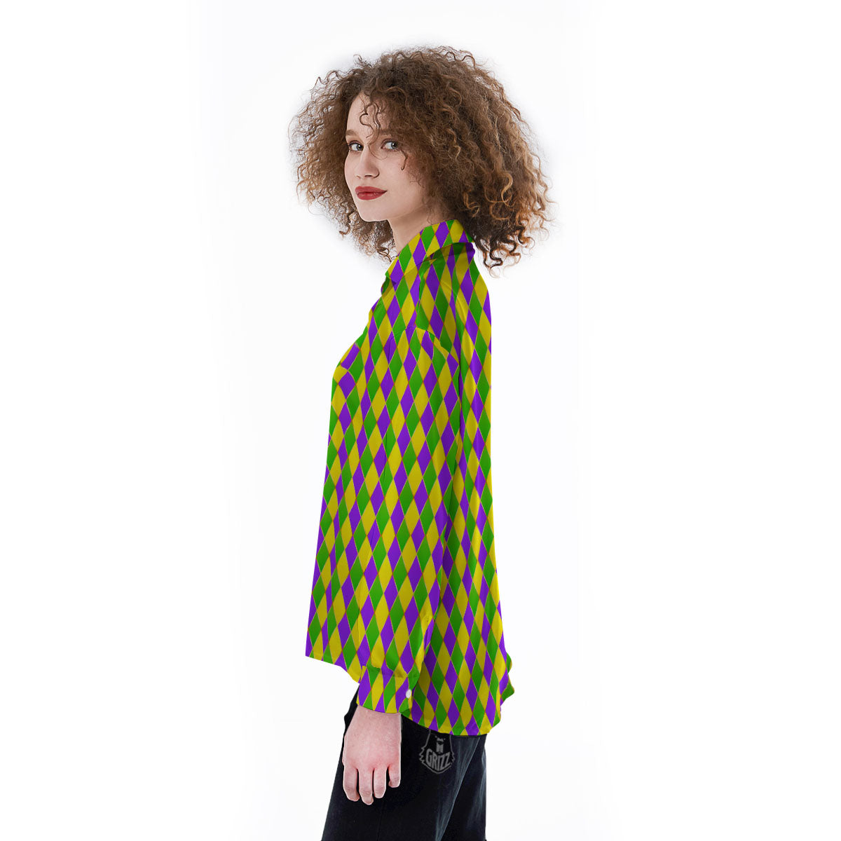 Mardi Gras Purple Green And Yellow Print Pattern Women's Long Sleeve Shirts-grizzshop