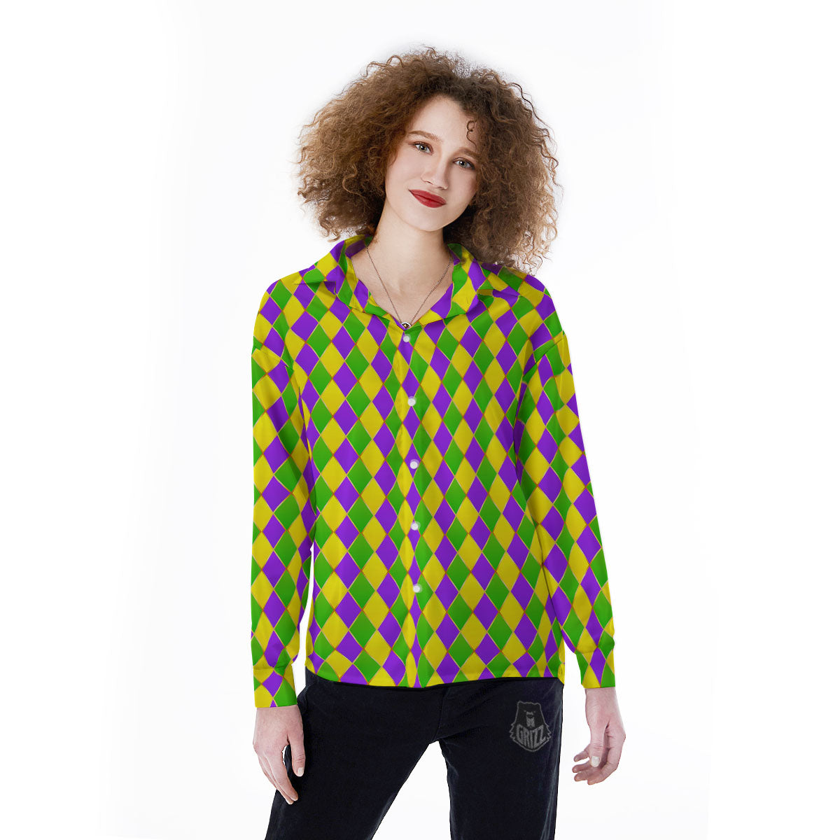 Mardi Gras Purple Green And Yellow Print Pattern Women's Long Sleeve Shirts-grizzshop