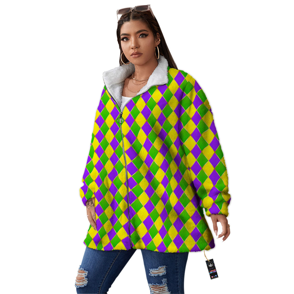 Mardi Gras Purple Green And Yellow Print Pattern Women's Sherpa Jacket-grizzshop