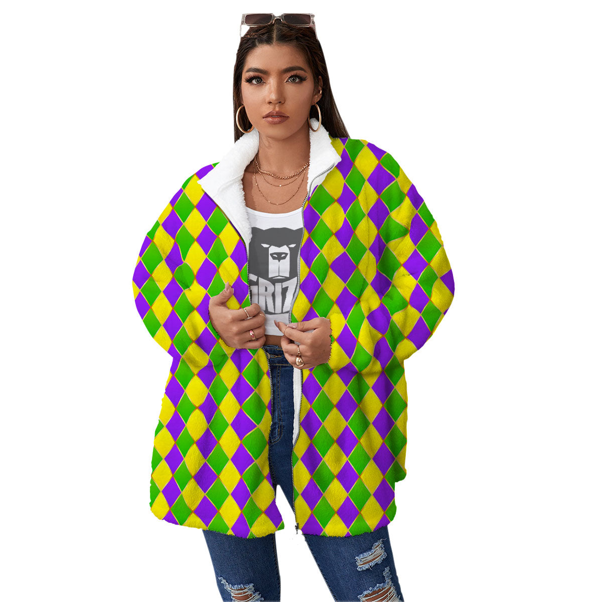 Mardi Gras Purple Green And Yellow Print Pattern Women's Sherpa Jacket-grizzshop