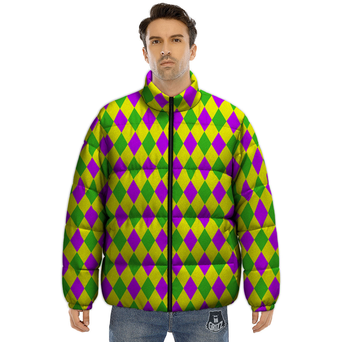 Mardi Harlequin Gras Print Pattern Puffer Jacket-grizzshop