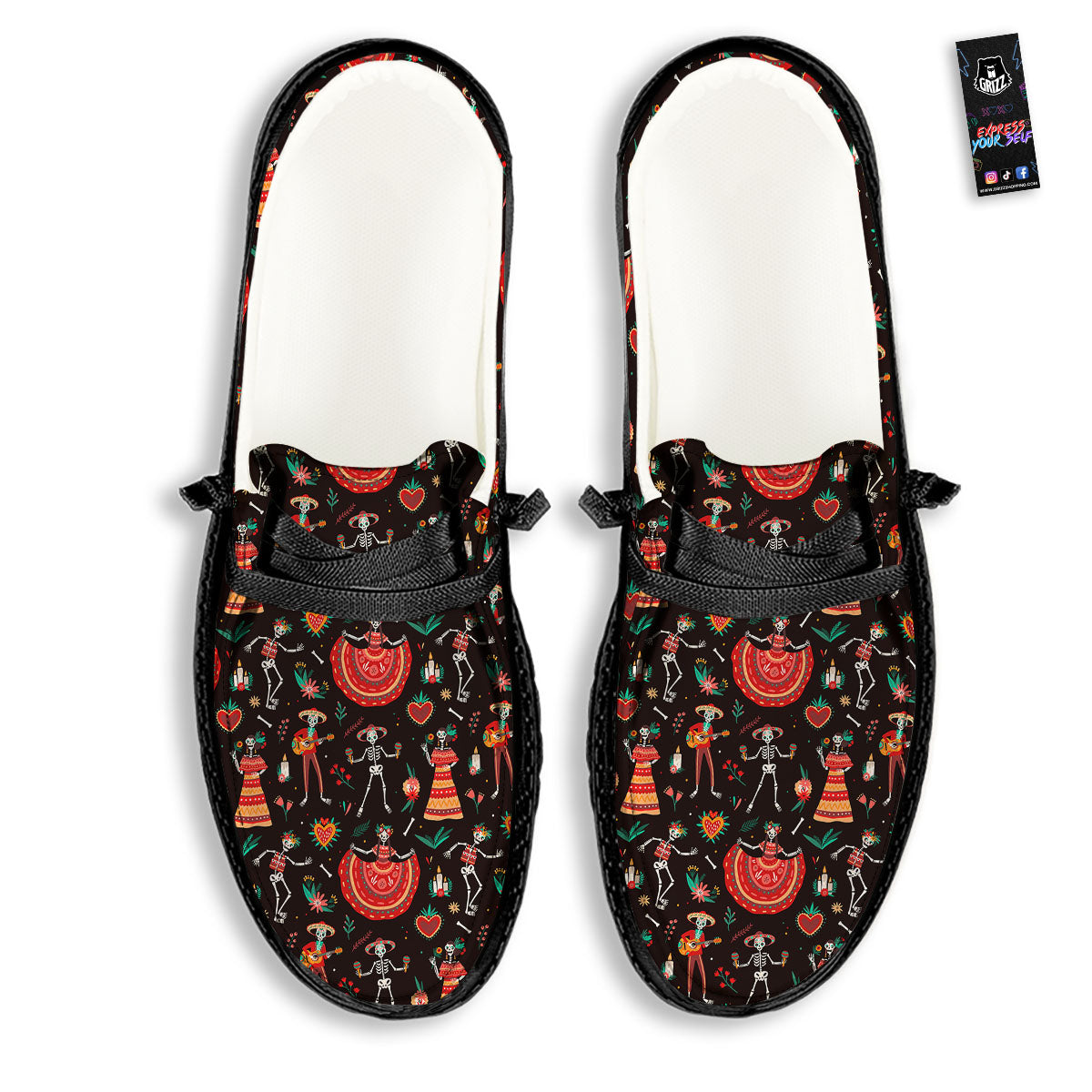 Mariachi Skeletons Day Of The Dead Print Pattern Black Loafers-grizzshop