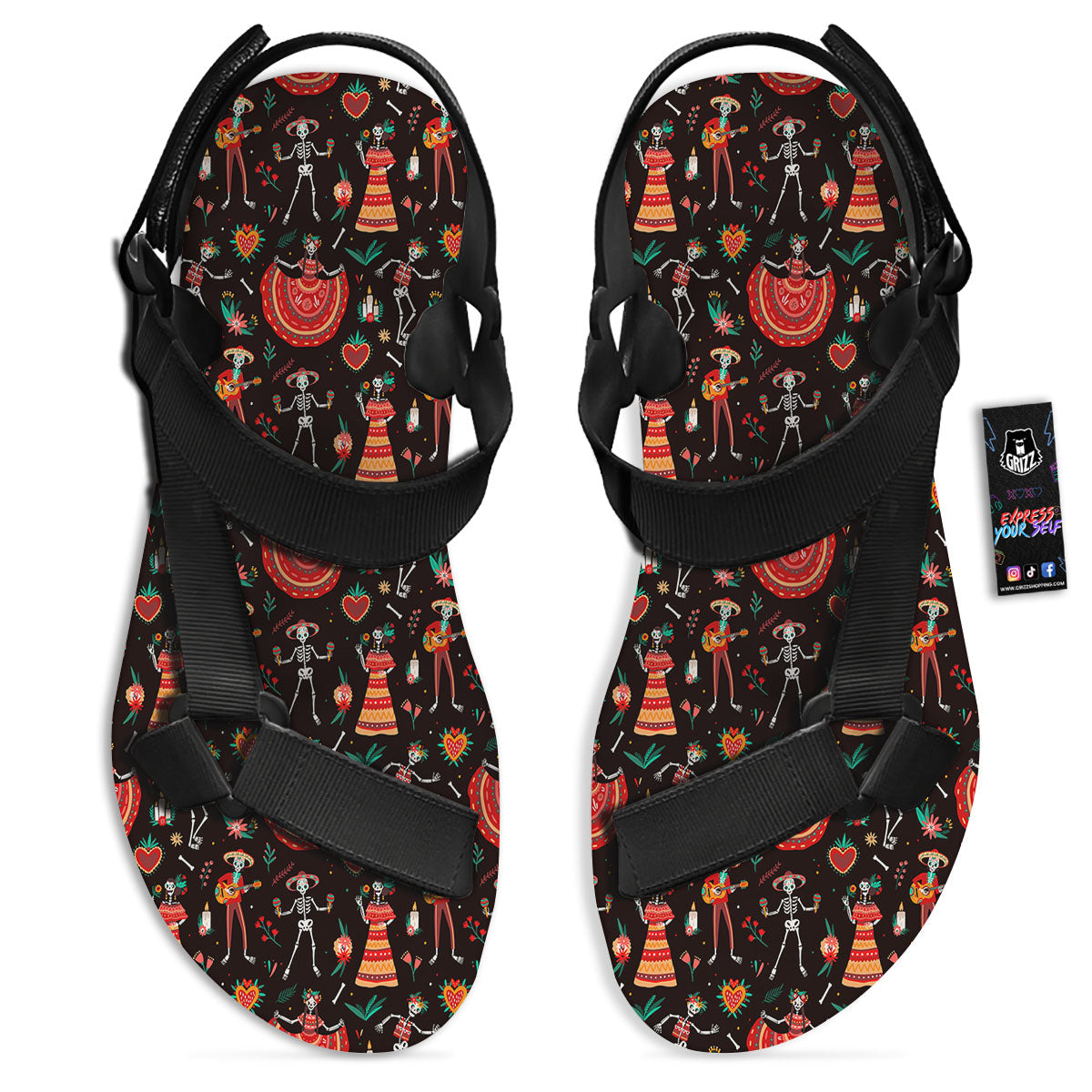 Mariachi Skeletons Day Of The Dead Print Pattern Black Open Toe Sandals-grizzshop