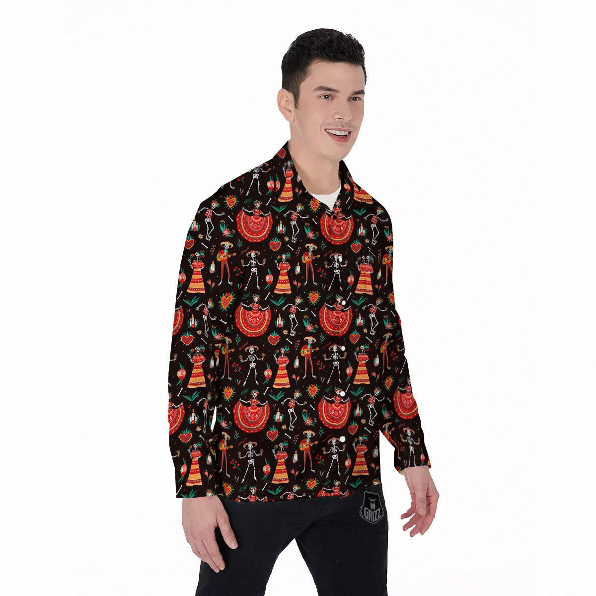 Mariachi Skeletons Day Of The Dead Print Pattern Men's Long Sleeve Shirts-grizzshop