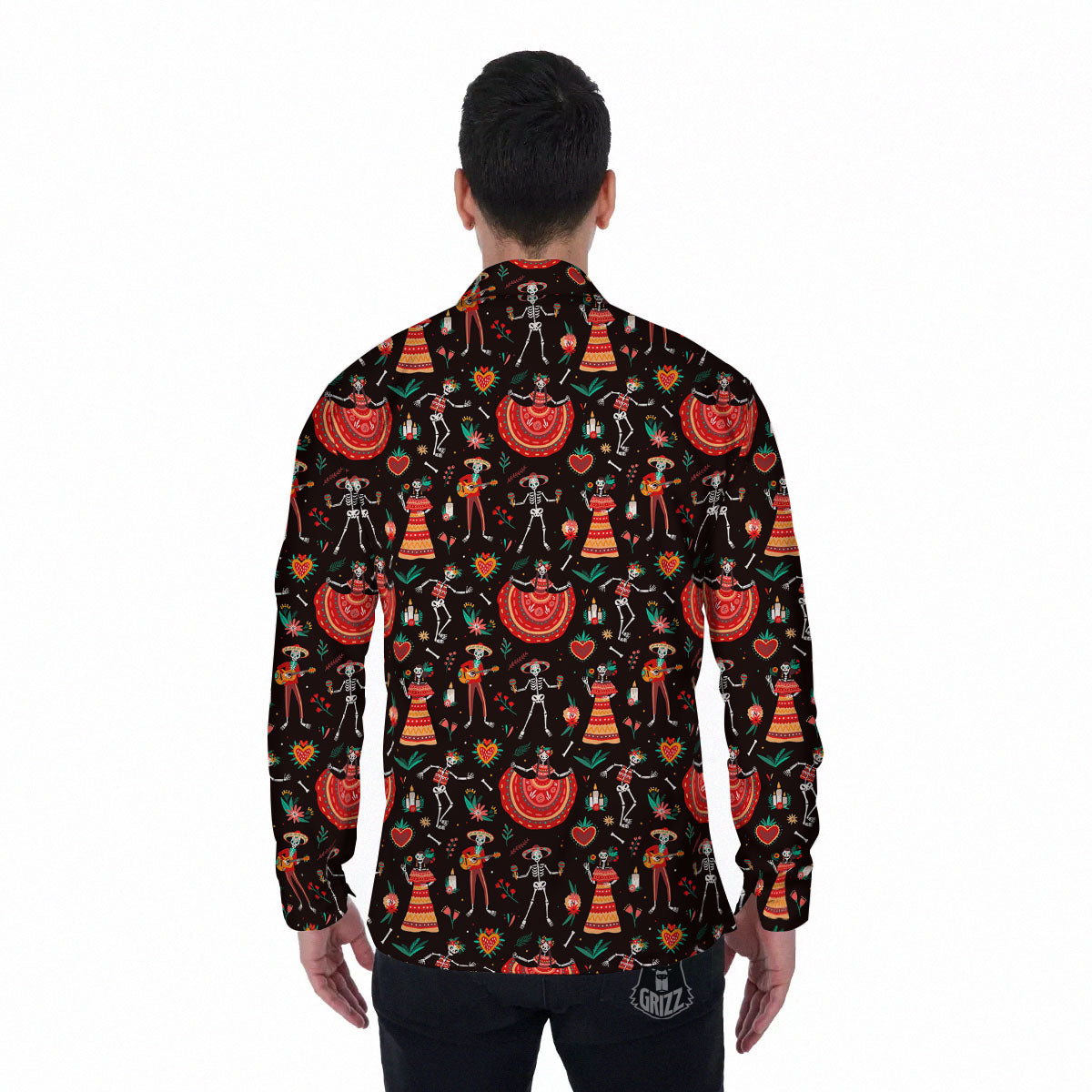Mariachi Skeletons Day Of The Dead Print Pattern Men's Long Sleeve Shirts-grizzshop