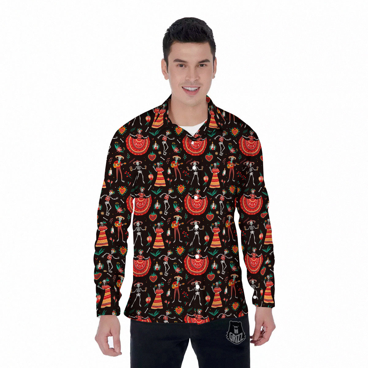 Mariachi Skeletons Day Of The Dead Print Pattern Men's Long Sleeve Shirts-grizzshop