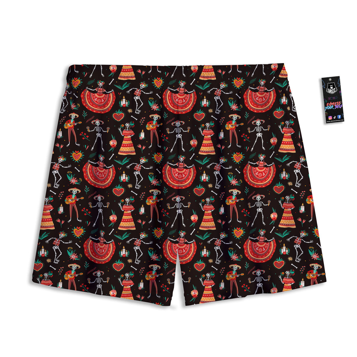 Mariachi Skeletons Day Of The Dead Print Pattern Mesh Shorts