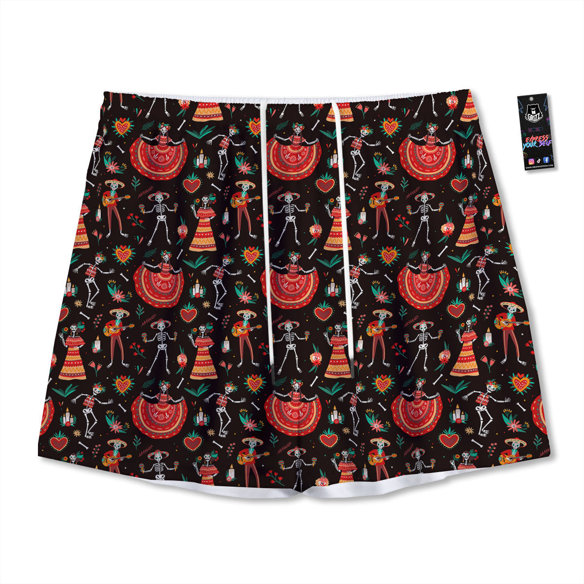 Mariachi Skeletons Day Of The Dead Print Pattern Mesh Shorts