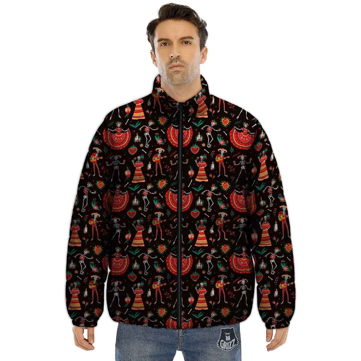Mariachi Skeletons Day Of The Dead Print Pattern Puffer Jacket-grizzshop