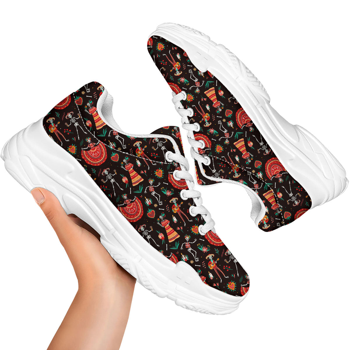 Mariachi Skeletons Day Of The Dead Print Pattern White Chunky Shoes-grizzshop