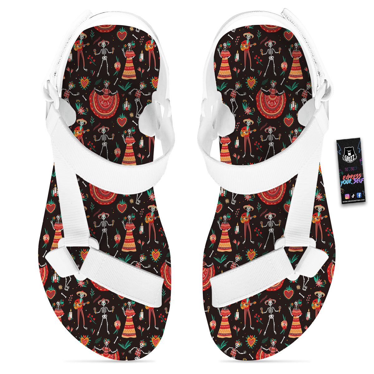 Mariachi Skeletons Day Of The Dead Print Pattern White Open Toe Sandals-grizzshop