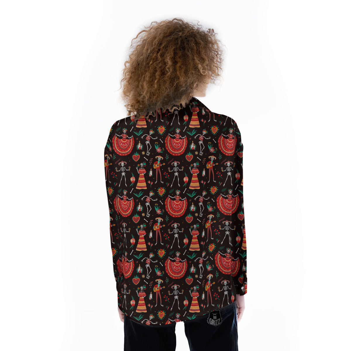 Mariachi Skeletons Day Of The Dead Print Pattern Women's Long Sleeve Shirts-grizzshop