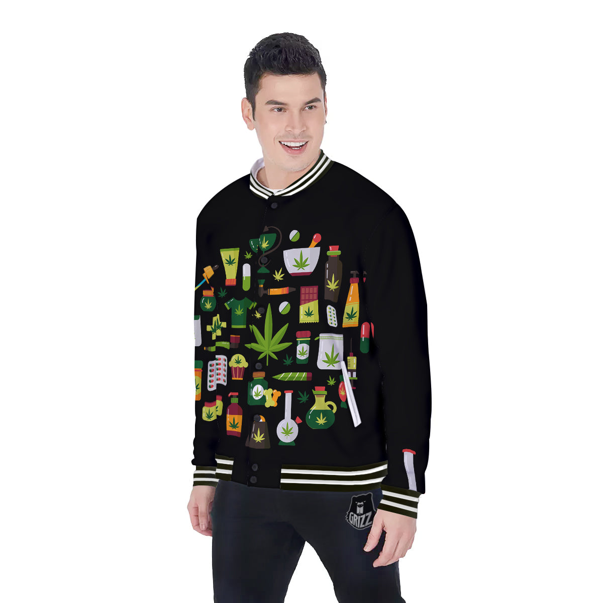 Marijuana And Cannabis Print Baseball Jacket-grizzshop