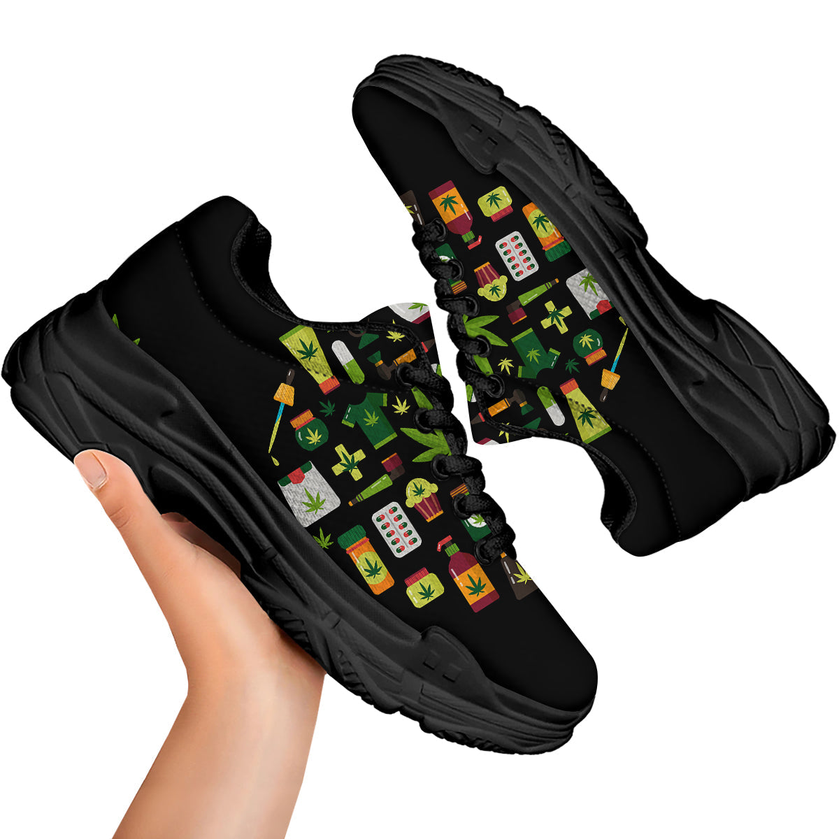 Marijuana And Cannabis Print Black Chunky Shoes-grizzshop