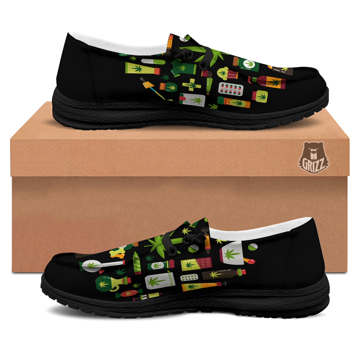 Marijuana And Cannabis Print Black Loafers-grizzshop