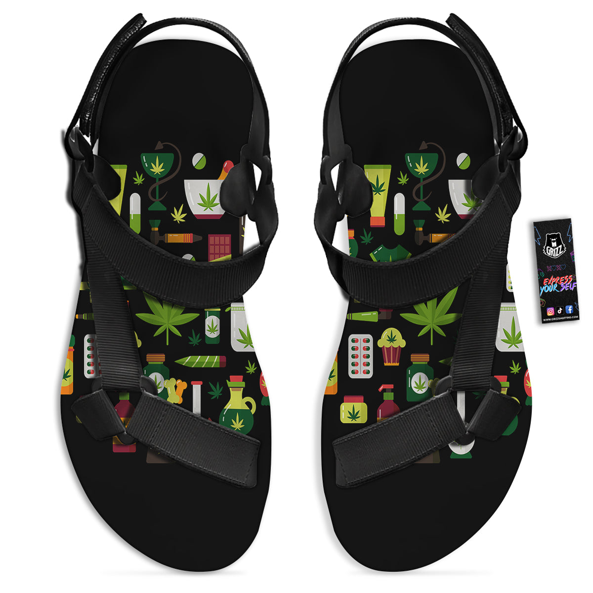 Marijuana And Cannabis Print Black Open Toe Sandals-grizzshop