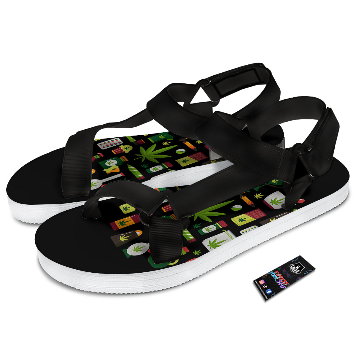 Marijuana And Cannabis Print Black Open Toe Sandals-grizzshop