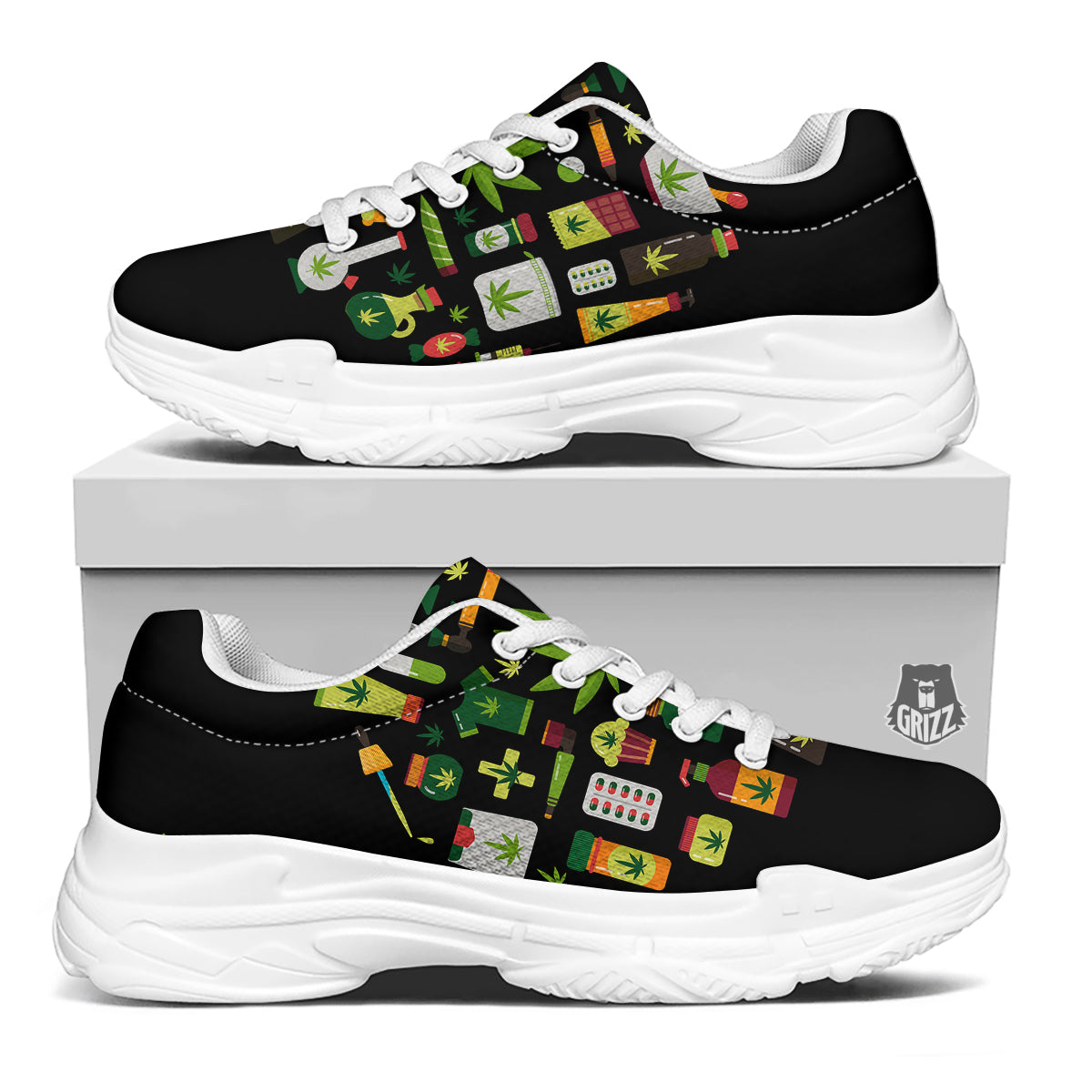 Marijuana And Cannabis Print White Chunky Shoes-grizzshop