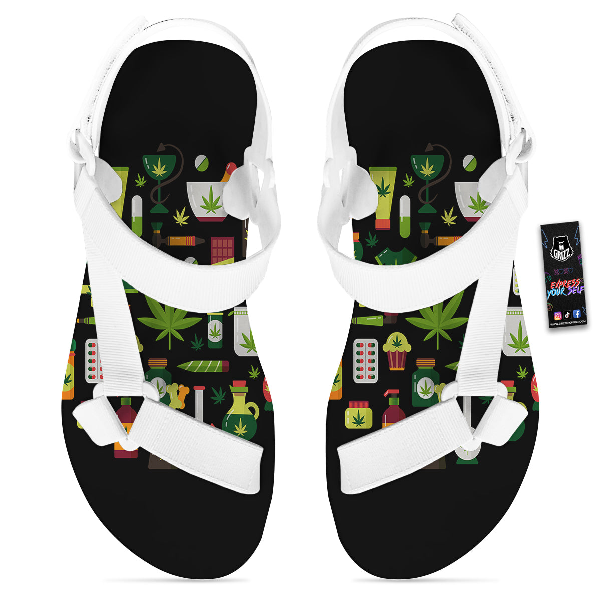Marijuana And Cannabis Print White Open Toe Sandals-grizzshop