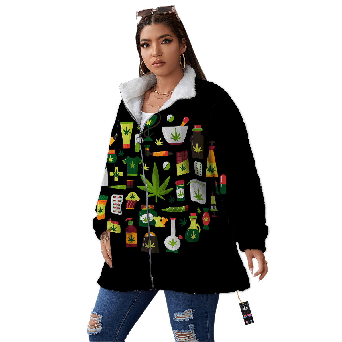 Marijuana And Cannabis Print Women's Sherpa Jacket-grizzshop