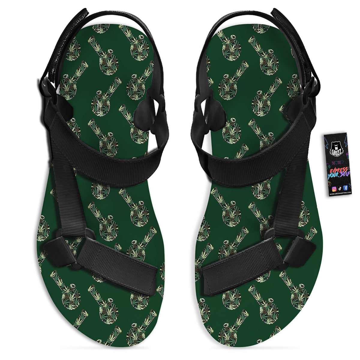 Marijuana Cannabis And Green Camo Print Pattern Black Open Toe Sandals-grizzshop