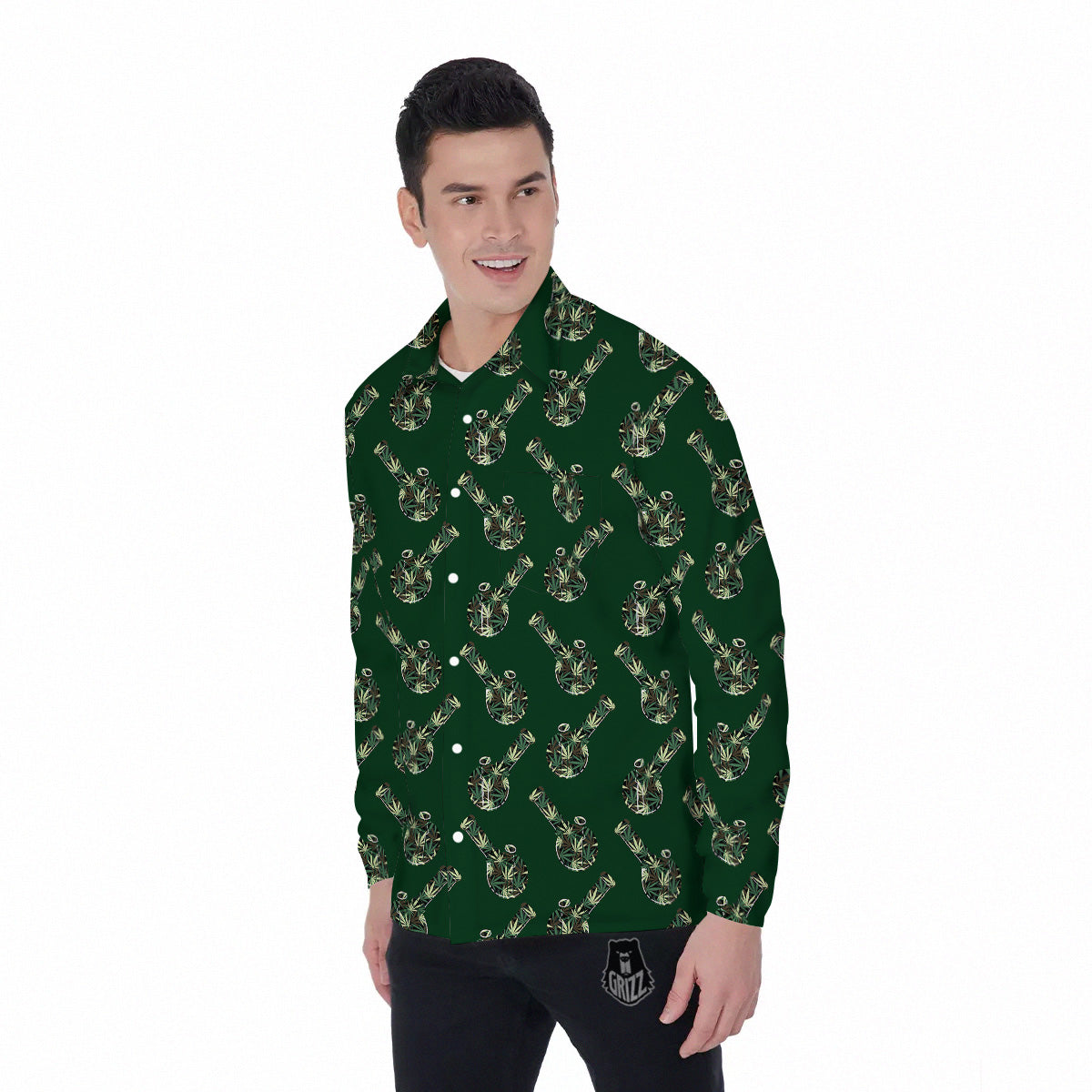 Marijuana Cannabis And Green Camo Print Pattern Men's Long Sleeve Shirts-grizzshop