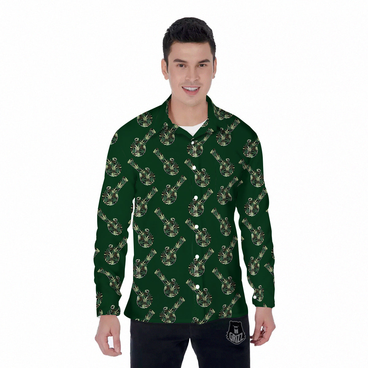 Marijuana Cannabis And Green Camo Print Pattern Men's Long Sleeve Shirts-grizzshop