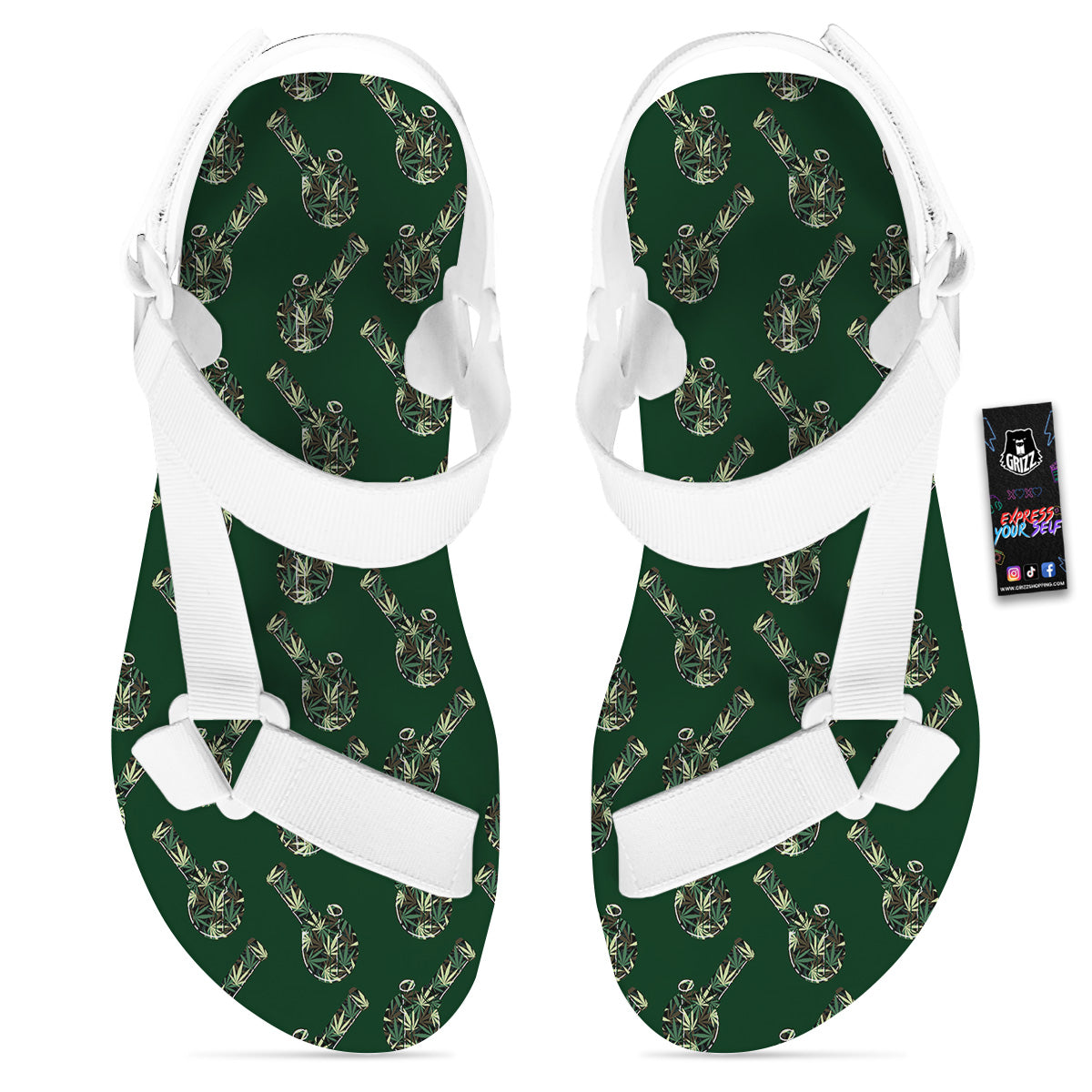 Marijuana Cannabis And Green Camo Print Pattern White Open Toe Sandals-grizzshop