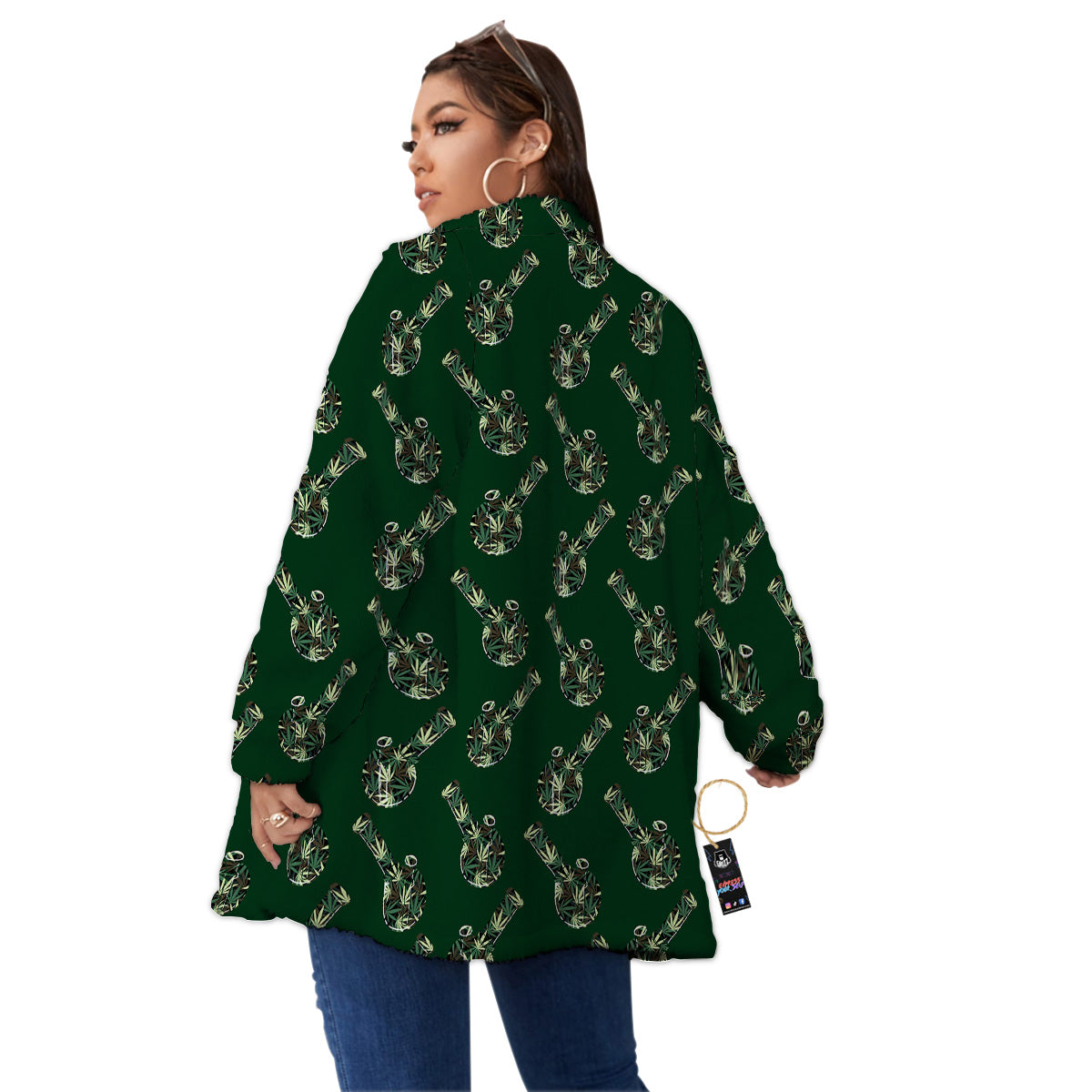 Marijuana Cannabis And Green Camo Print Pattern Women's Sherpa Jacket-grizzshop