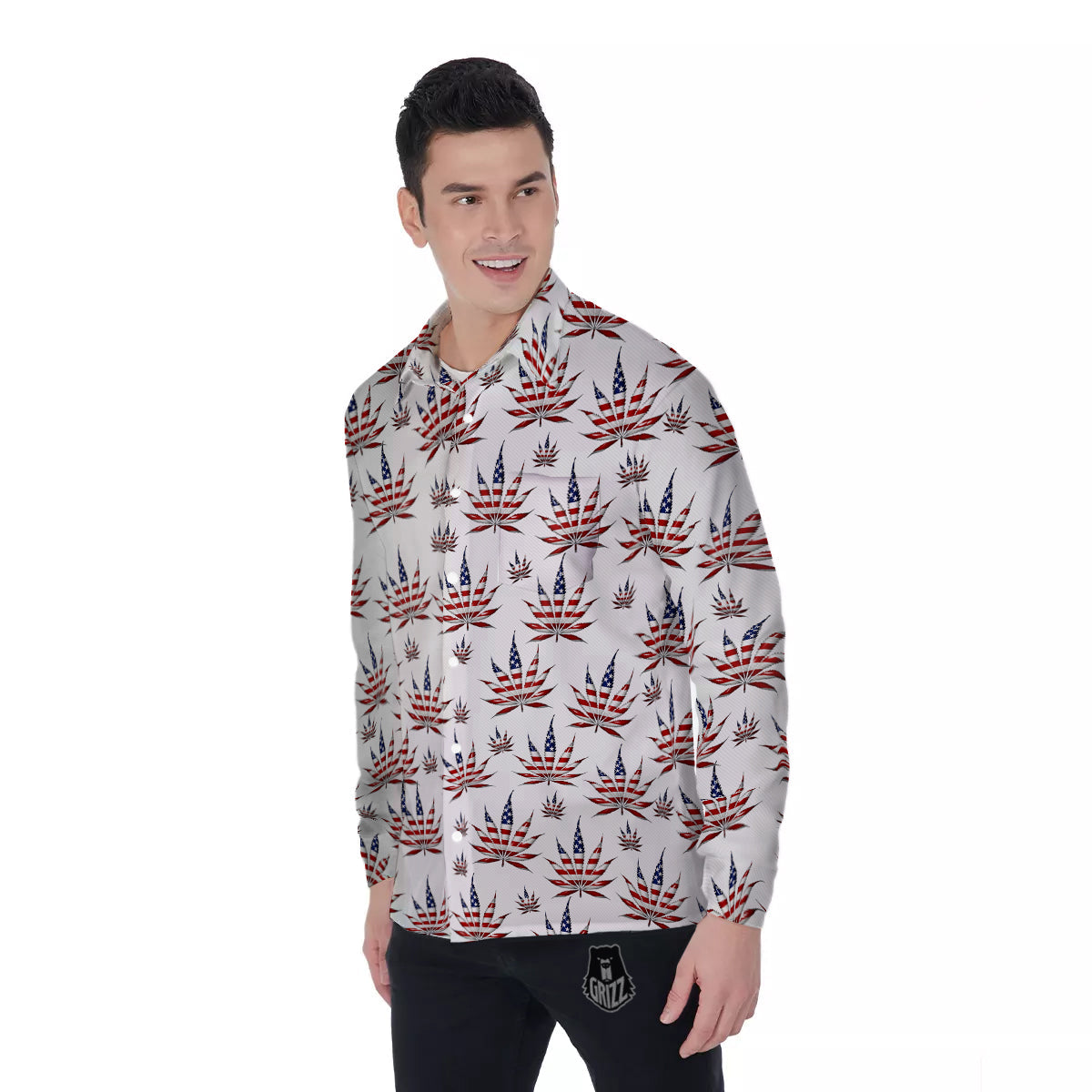 Marijuana Leaf American Print Pattern Men's Long Sleeve Shirts-grizzshop