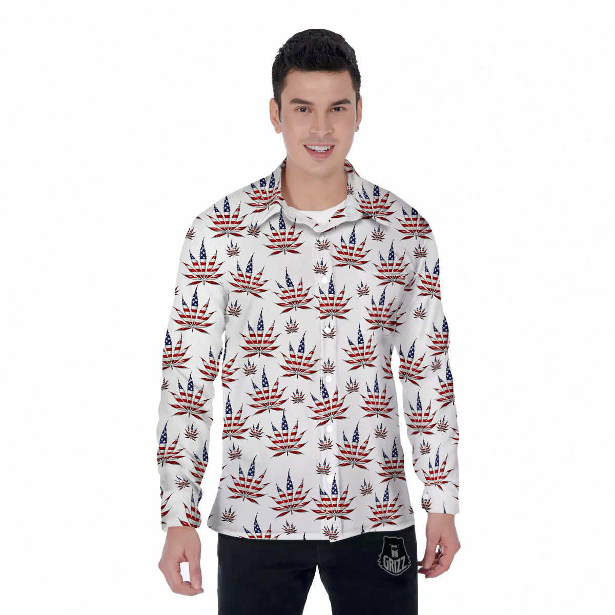 Marijuana Leaf American Print Pattern Men's Long Sleeve Shirts-grizzshop