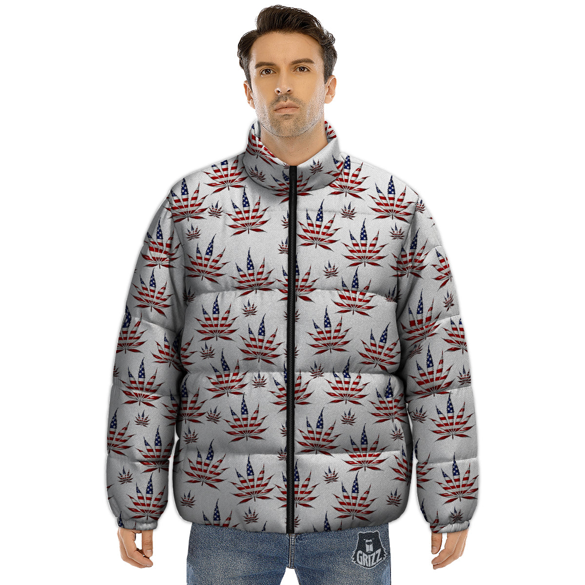 Marijuana Leaf American Print Pattern Puffer Jacket-grizzshop