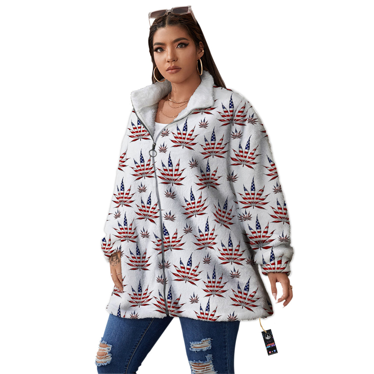 Marijuana Leaf American Print Pattern Women's Sherpa Jacket-grizzshop