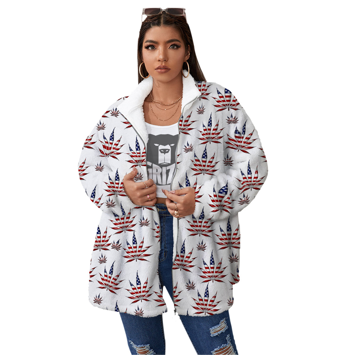 Marijuana Leaf American Print Pattern Women's Sherpa Jacket-grizzshop