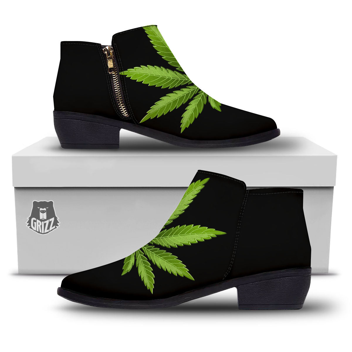 Marijuana Leaf Green Print Ankle Boots-grizzshop